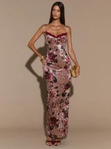 SHEIN BAE 花卉印花蕾丝边细肩带修身长裙，女士优雅曲线连衣裙，度假连衣裙，情人节约会连衣裙，伴娘迷你连衣裙，印花连衣裙 - 卡其色 - 查看 4