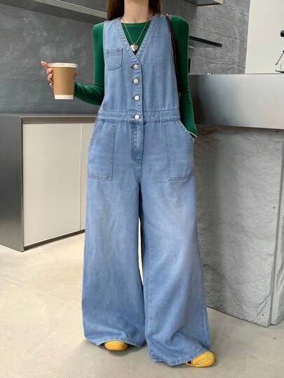 Old Money 休闲时尚蓝色牛仔宽松无袖超大宽松阔腿连体裤，适合少女，女孩 Y2K 2000 年代风格秋冬街头服饰，纽扣连体裤，女孩返校返校节服装