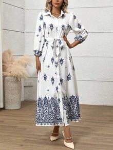 Gloray Women's Elegant Faux Linen Bamboo Knot Waist Dress - Blue and White - View 7