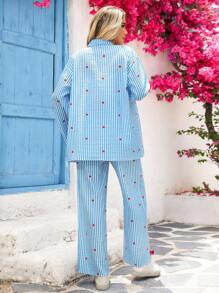 Vivid Eden 2件套女士单排扣卷袖衬衫和阔腿裤秋季服装 - 藍色 - 查看 2