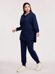 Veilorie Drop Shoulder High Low Hem Drawstring Hoodie & Joggers - Navy Blue - View 1