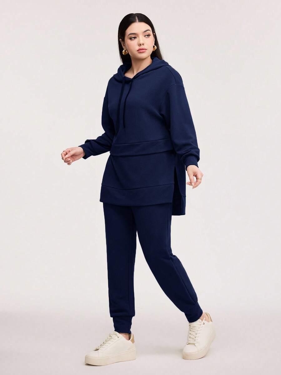 Veilorie Drop Shoulder High Low Hem Drawstring Hoodie & Joggers - Navy Blue - View 1