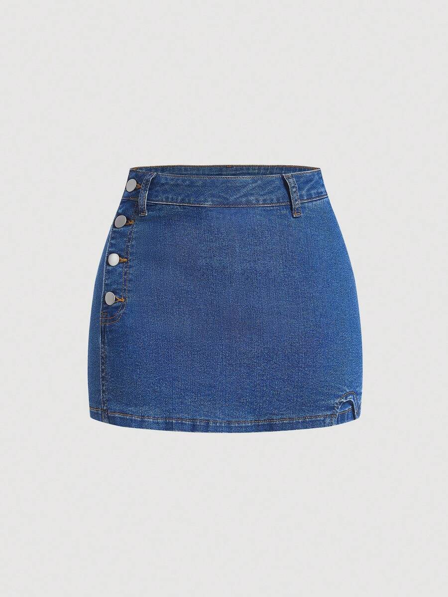 Lässiger Pendler-Knopf-Mittelwesten-Denim Rock - Dunkle Waschung - Übersicht 1