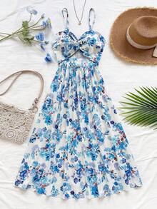 Soleia Abito casual da donna per vacanze, con stampa floreale all-over, con dettaglio a treccia e spalline a spaghetti, lunghezza media - Multicolore - Visualizzare 5