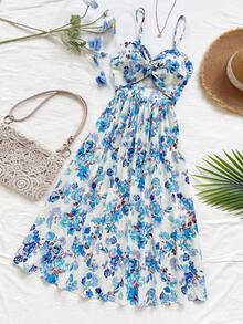 Soleia Abito casual da donna per vacanze, con stampa floreale all-over, con dettaglio a treccia e spalline a spaghetti, lunghezza media - Multicolore - Visualizzare 7