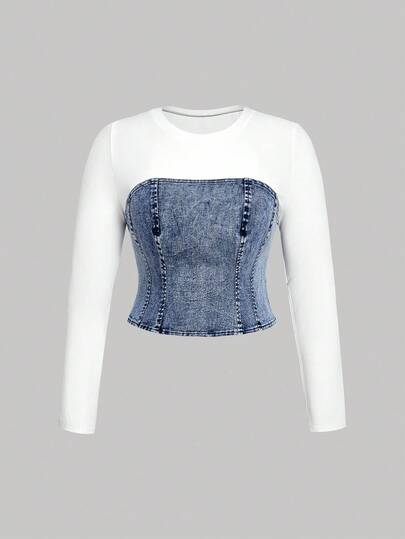SHEIN MOD 大码女式圆领长袖休闲拼布牛仔衬衫