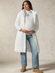 Boho Mama Maternity Solid Color Long Sleeve Hooded Padded Coat