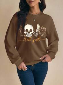 Glamance BiGraphic 女士字母与骷髅印花圆领落肩长袖休闲运动衫棕色长袖秋季运动衫棕色运动衫女士骷髅印花运动衫豹纹运动衫 - 咖啡棕 - 查看 3