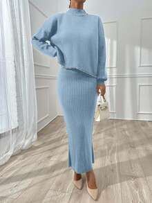 EURMUSE Femmes Pull à col montant avec détails de strass et épaules tombantes & Robe pull maxi col en V côtelé