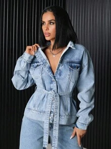 EURMUSE Flap Pocket Button Front Denim Jacket - Medium Wash - View 8