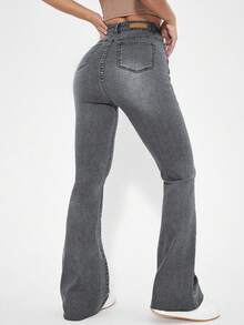 EURMUSE Women's Solid Color Minimalist Daily Wear High Waist Flare Jeans - Grey - View 2