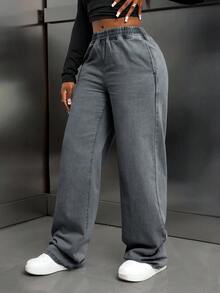 EURMUSE Jeans droits à taille élastique décontractés pour femmes - Gris - Voir 4