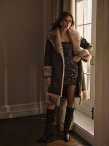 MOTF PREMIUM PU LEATHER FUZZY PANEL LAPEL COLLAR SINGLE BREASTED PLACKET BELTED COAT , FALL WINTER - Coffee Brown - View 4