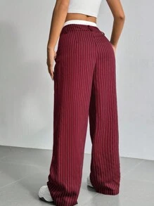 SHEIN EZwear Wine Red Contrast Color Straight Leg Pants, Plus Size - Burgundy - View 2