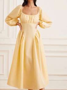 Chiquease Váy xòe tay đèn lồng phong cách Pháp thanh lịch, cổ vuông, eo thon, thiết kế ôm sát, thanh lịch, đa năng - Vàng nhạt - Xem 4