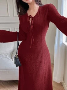Feyla Women's Elegant Solid Color Texture Dress - Red - View 5