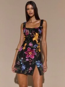 SHEIN BAE Rochie mini elegantă de toamnă/iarnă, cu imprimeu floral, broderie 3D, paiete, cu bretele și crăpături, potrivită pentru vacanță, plajă, festivaluri de muzică, ziua de naștere, brunch, ținută de invitată la nuntă, domnișoară de onoare