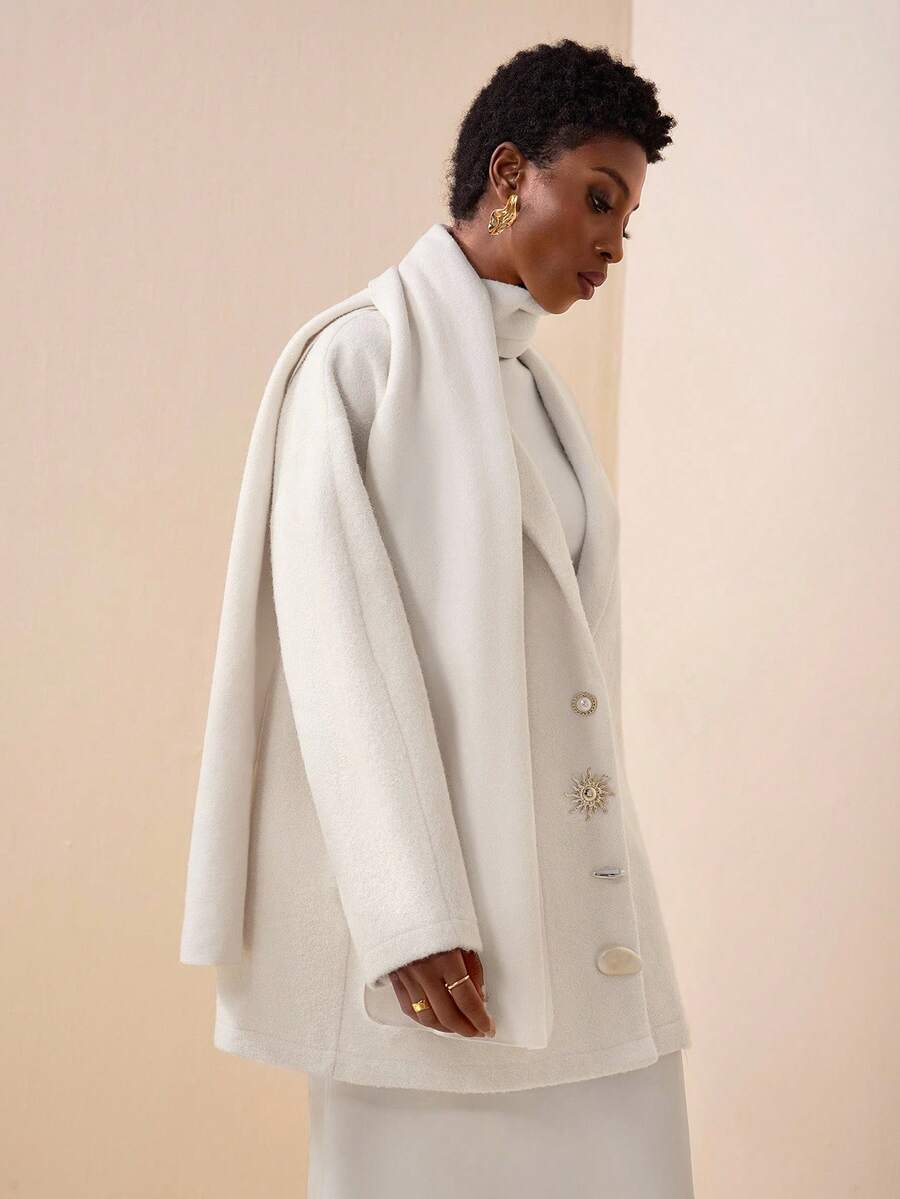 Zivah 2025 Autumn/Winter New Elegant White Woven Lantern Sleeve Mid-Length Woven Coat,Fall - Beige - View 1