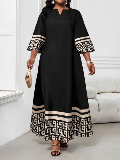 SHEIN Lady CURVE Spring, Summer, Autumn And Winter Plus Size Notch V-Neck Woven Black Loose Sleeve Classic Huizi Striped Print Plus Size Robe Dress  Dresses For Women Elegant Wedding Guest Dress Women  Fall Clothes For Women Casual Halloween Dress With Sleeves Black Modest Dress Church Dress Women Black Maxi Dress Modest Elegant Dress Saudi National Day Autumn Fall Clothes For Women Winter Fall Outfits For Women