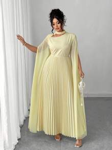 Elenzga Halloween Plus Size Women's New Long Sleeve Fitted Pleated Dress, Romantic & Elegant Fall Cloth For Women - Yellow - View 2