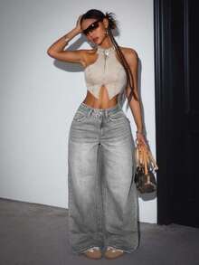 EURMUSE 女士宽松直筒蓝色牛仔裤、阔腿女裤、宽松女裤、女士牛仔裤 - 灰色 - 查看 3