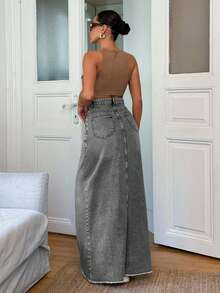 EURMUSE 100% Cotton Low Waist Denim Wide Hem Denim Skirt - Grey - View 2