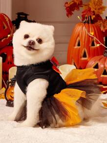 1 件猫狗通用卡通印花蝴蝶结装饰万圣节橙色网眼拼布可爱宠物连衣裙，适合万圣节派对，PETSIN 原创设计