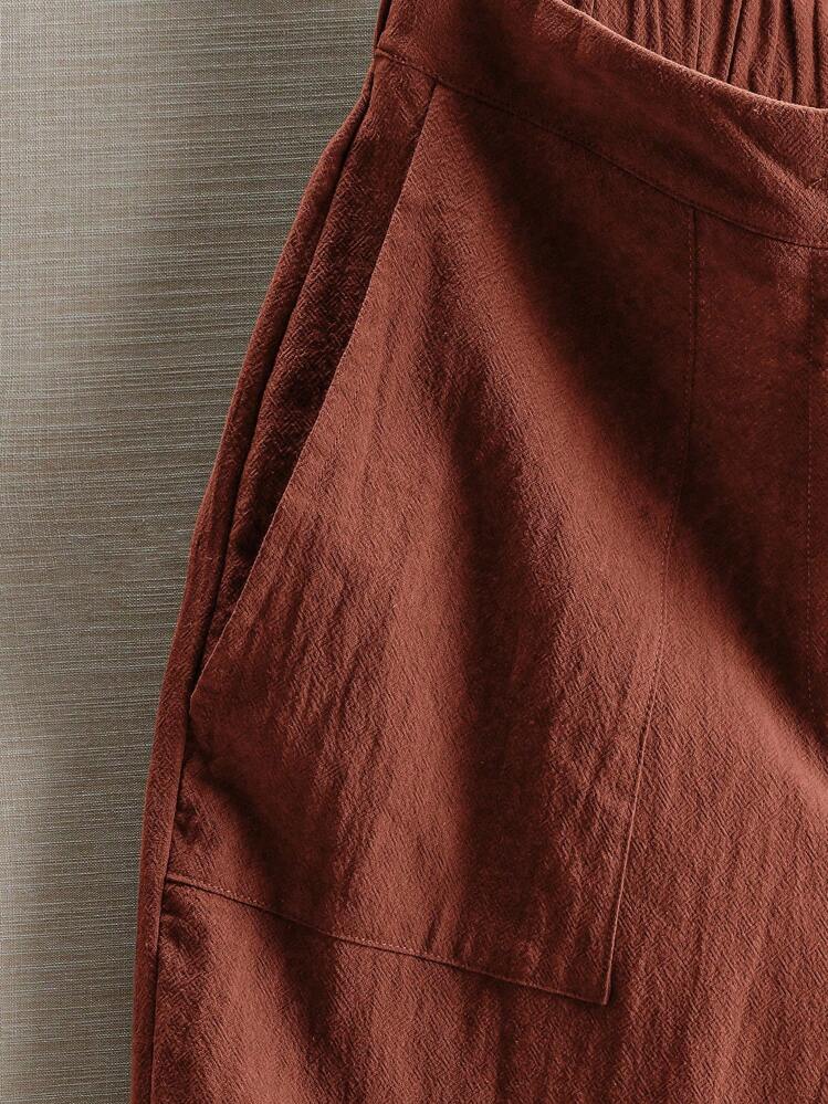 SHEIN LUNE 女士亚麻纯色口袋宽松休闲短裤 - 紅木色 - 查看 2