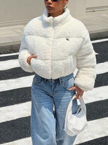 SHEIN EZwear Áo khoác ngắn đệm bông thêu cổ lông mùa đông cho nữ - trắng - Xem 3