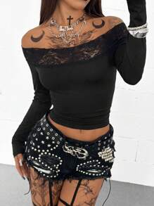 Coolane Áo trễ vai tay dài màu đen, họa tiết chéo, phối ren, phù hợp mọi mùa, lễ hội âm nhạc Goth Witchy dành cho nữ - màu đen - Xem 2