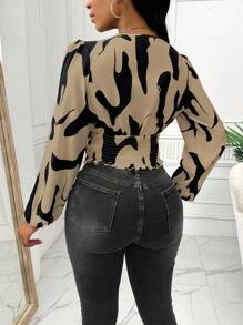 SHEIN LUNE Áo sơ mi tay lửng in họa tiết khối màu đơn giản cho nữ, họa tiết in bất đối xứng, mùa thu - Màu Khaki - Xem 2