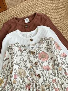 LMoss Kids Bộ 3 váy cổ tròn dệt kim họa tiết hoa cho bé gái - Nhiều màu - Xem 3