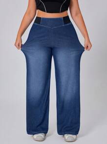 Flexra Plus Size Casual Washed High Waist Wide Leg Jeans - Dark Wash - View 6