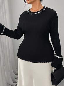 Modelyn Plus Size Women's Casual Fashionable Pearl Decor Long Sleeve Fitted Sweaters Fall Winter Cloth For Women Autumn - Black - View 5