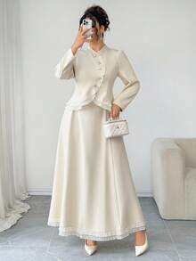 SHEIN Elenzya 加大码清爽梭织面料高领长袖不对称弧形开口金色纽扣装饰收腰 A 字下摆荷叶边修身衬衫 + 收腰伞形下摆荷叶边裙，优雅适合外出、通勤、聚会、约会，2 件套秋季女士服装 - 杏色 - 查看 5