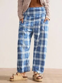 Bohemela 女士休闲梭织格子宽松裤 - 淺藍色 - 查看 4