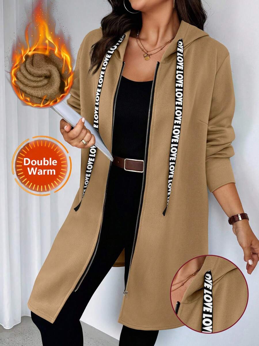 EMERY ROSE Plus Size Women Long Sleeve Zip Front Letter Drawstring Hooded Fleece Casual Jacket Winter Fall Autumn - Khaki - View 1