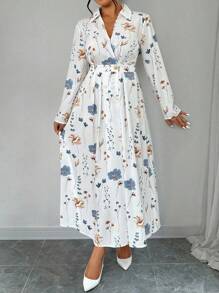 Elenzga Plus Size Random Floral Print Crisscross Wrap Long Sleeve Dress Maxi Women Outfit Fall Cloth For Women