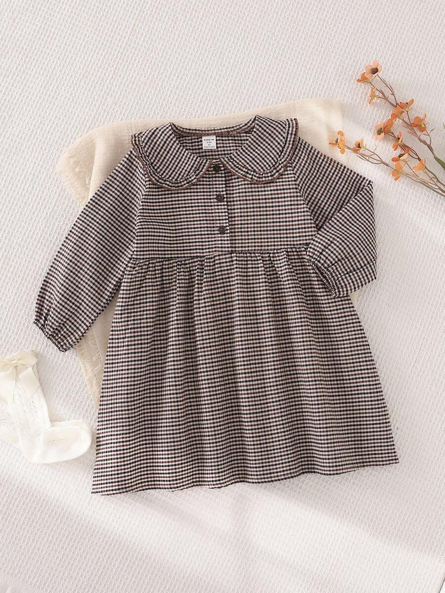 Playful Pals 年轻女孩编织格子荷叶边领口纽扣前部松紧袖口优雅长袖连衣裙,秋冬 - 棕色 - 查看 1