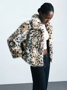 Maija Animal Print Fluffy Faux Fur Leopard Print Oversized Loose Fit Autumn/Winter Women Fur Coat, Urban Fashionable & Versatile, Fall For Women, Halloween Costumes, Christmas Women's Winter Coat New Year Brown Party - Multicolor - View 8