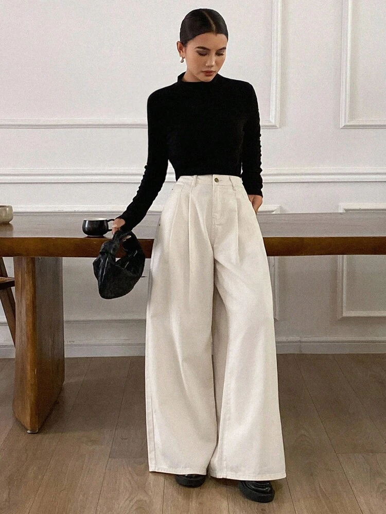 New Loose Casual White Wide-Leg Women Jeans, Autumn