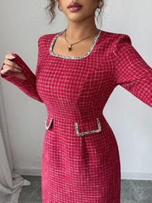 Elenzga Damen Patchwork Saum Schlitz Bleistiftrock, tailliertes Design, langes elegantes vintage minimalistisches Kleid, geeignet für Ausflüge, Dates, Alltag, Teegesellschaften, Herbst/Winter - Bordeaux - Übersicht 6