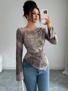 Elenzga 女式垂坠领提花喇叭袖抽绳腰部不对称下摆长款休闲复古哥特式 T 恤，适合外出、日常穿着、万圣节、秋季女装 - 棕色 - 查看 3