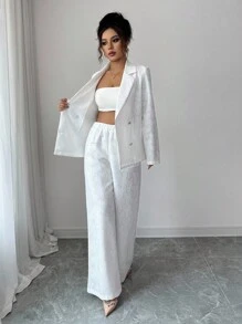 SHEIN Tall 女士优雅通勤白色提花面料缺口领双排扣装饰西装外套，长袖修身夹克+女士优雅通勤白色提花面料松紧腰长直筒裤 - 白色 - 查看 7
