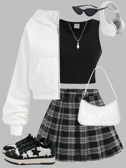 SHEIN 青少年女孩三件套：宽松白色拉链连帽衫、合身针织背心和褶皱格子迷你裙 - 休闲校园/日常装