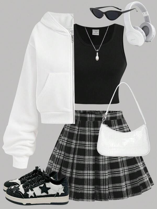 SHEIN 青少年女孩三件套：宽松白色拉链连帽衫、合身针织背心和褶皱格子迷你裙 - 休闲校园/日常装