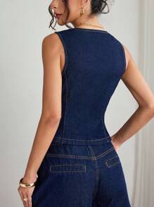 SHEIN Elenzya 女式纯色休闲无袖牛仔上衣 - 藍色 - 查看 2