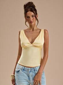 SHEIN BAE Yellow Satin V-Neck Tie Back Tank Top , Suitable For Vacation, Beach , Music Festival , Brunch , Wedding Guest Attire, Bridesmaid , Spring Summer - Yellow - View 7