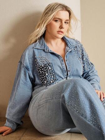 Anewsta قميص جينز منمق بالكريستال والخرز بلس سايز فينتاج، أنيق للربيع والعطلات والاستخدام اليومي والمهرجانات والرحلات