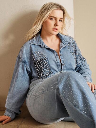 Anewsta Camisa vaquera vintage de talla grande con decoración elaborada de strass y perlas, elegante para primavera, días festivos, uso casual, festivales y vacaciones